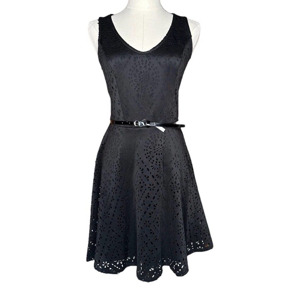 Candle's Black Laser Cut Scuba Skater Dress Open Back Tank Dress with Belt Sz 9